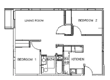 A floor plan of a small apartment with one bedroom, a living room, and a kitchen.